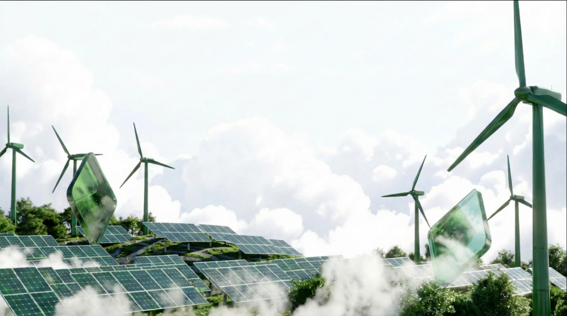 Paesaggio con pannelli solari e turbine eoliche